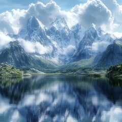 Poster - Majestic snow-capped mountains reflected in a serene lake with blue sky and clouds.