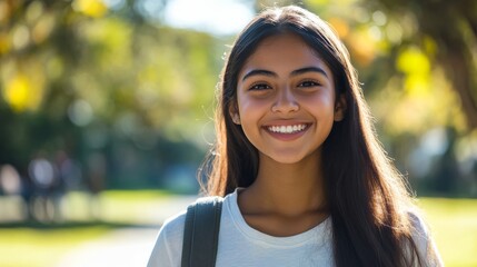 Wall Mural - A young Latin woman beams with happiness while standing in a casual outdoor environment, showcasing her backpack. The sunny backdrop enhances her joyful expression