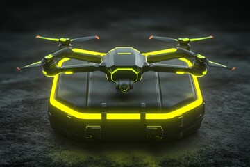 Canvas Print - Yellow glowing drone resting on a sleek black platform symbolizing smart cargo management and automated UAV based logistics systems