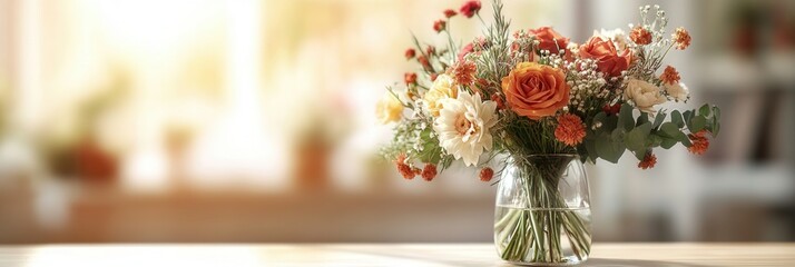 Aufkleber - A beautiful bouquet featuring roses and seasonal blooms adds color to a light wooden table in a bright, inviting interior space. Generative AI