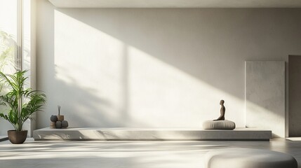 Poster - Minimalist interior with a large window, a plant, and a meditation cushion.