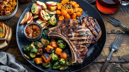 Juicy grilled pork chops with roasted Brussels sprouts, apples, bacon, applesauce, roasted sweet potatoes, cornbread, and a side of roasted carrots