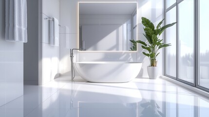 Poster - Modern bathroom with a freestanding tub and large windows.