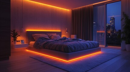 Poster - Modern bedroom with LED lighting and city view at night.