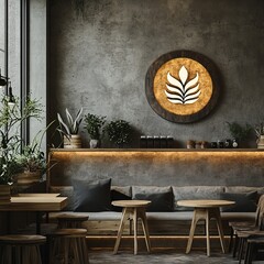 Canvas Print - Modern cafe interior with rustic wooden furniture, a large window, and a circular logo on the wall.