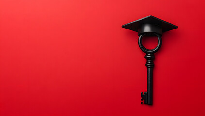 Graduation Cap with Key on Red Background Symbolizing Knowledge and Success