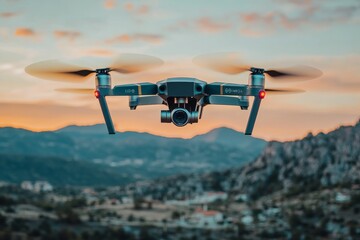 Canvas Print - Drone flying over a mountainous landscape at sunset symbolizing UAV technology for outdoor logistics and remote aerial deliveries