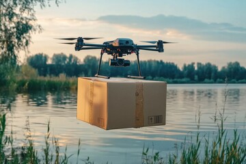 Canvas Print - Drone delivering a package over a calm lake at sunset representing efficient UAV technology for remote deliveries in natural landscapes and rural environments