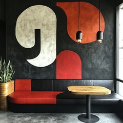 Poster - Modern restaurant interior with a large painted mural, red leather booths, wooden table and black pendant lights.