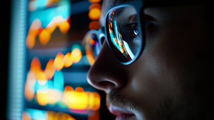 Poster - an individual wearing glasses concentrates intently on a brightly illuminated screen filled with vib
