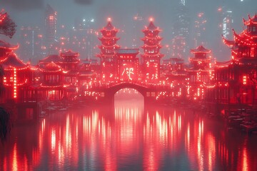 Wall Mural - China National Day parade in a futuristic city where the buildings themselves light up in vibrant red forming the characters of China as the procession passes by