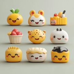 Poster - Nine 3D cartoon characters with smiling faces and various food-themed designs.