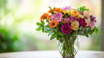 Aufkleber - This beautiful bouquet features a mix of colorful flowers in a glass vase, enhancing the charm of the light wood table. Generative AI