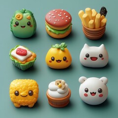 Wall Mural - Nine 3D kawaii icons of food, animals, and a plant on a blue background.