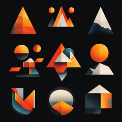 Sticker - Nine abstract geometric shapes with orange, blue, and white colors on a black background.