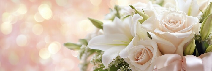 Poster - A beautifully arranged bouquet of white roses and lilies tied with a delicate silk ribbon, set against a dreamy pastel backdrop. Generative AI