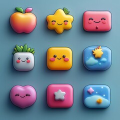 Wall Mural - Nine colorful 3D cartoon icons with happy faces, including an apple, a star, a square, a plant, a heart and clouds.