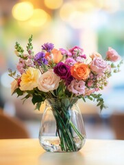 Poster - Colorful mixed roses and wildflowers in a glass vase create a cheerful centerpiece on a light wood table, brightening the space. Generative AI