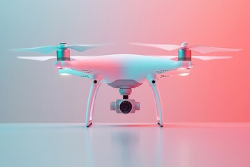 Wall Mural - White drone hovering in a colorful studio lit environment representing UAV technology for secure and efficient indoor deliveries and automation