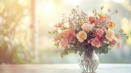 Sticker - A vibrant bouquet of roses and wildflowers arranged in a glass vase sits elegantly on a light wood table, basking in warm sunlight. Generative AI