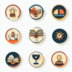 Wall Mural - Nine colorful icons with different themes, including a light bulb, book, candle, sun, and chalice.