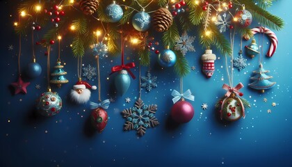 blue christmas background with christmas tree and bright decoretions,generative ai,generative, ai