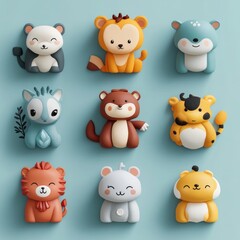 Poster - Nine cute cartoon animal figurines arranged in a grid on a blue background.