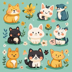 Poster - Nine cute cartoon cats and dogs with flowers on a turquoise background.