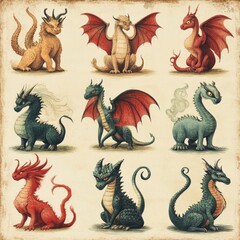 Sticker - Nine cute cartoon dragons with different colors and poses on a beige background.