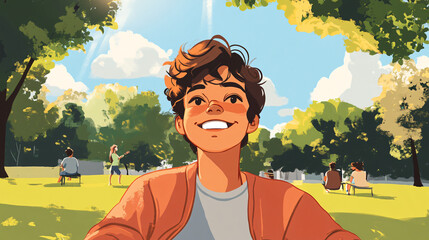 Wall Mural - An illustration of a person smiling while enjoying a sunny day at a park with friends.