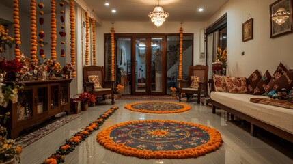 The living room is beautifully decorated with bright marigold garlands and intricate floral patterns, creating a warm atmosphere for a festive gathering