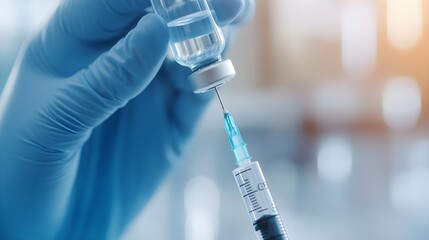 Close-up syringe being filled with vaccine, healthcare worker's gloved hands, sharp focus on liquid, soft blur background, realistic, high contrast, natural light