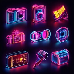 Poster - Nine neon glowing icons of camera equipment, including cameras, lenses, and film, on a dark background.