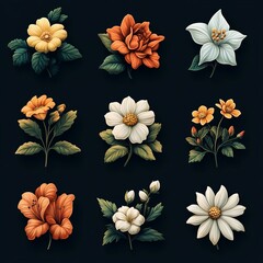 Sticker - Nine realistic, digitally painted flowers in different colors and styles.