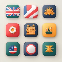 Canvas Print - Nine square buttons with different flags and symbols representing different countries, cities, and cultures.