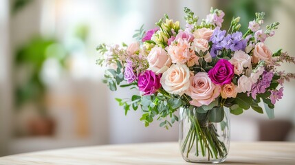 Aufkleber - A colorful bouquet of mixed flowers stands elegantly in a glass vase on a light wooden table, brightening the room with its vibrant hues. Generative AI