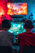 happy couple playing video game with controller on play station at home, friends play computer games on console and have fun