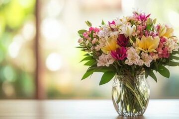 Aufkleber - A colorful arrangement of mixed flowers stands beautifully in a glass vase on a light wood table, enhancing the inviting surroundings. Generative AI