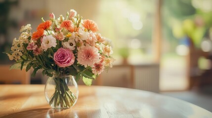 Sticker - A vibrant bouquet featuring various flowers fills a glass vase, accented by warm lighting in a cozy setting. Generative AI