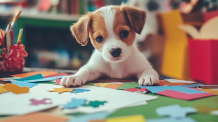 playful and cute puppy playing with colorful papers on the table