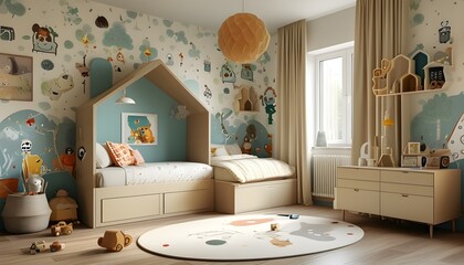 Playful childrens room with vibrant cartoon wallpaper and multifunctional bed, showcasing a relaxed atmosphere captured by Elliott Elettes short focal length photography