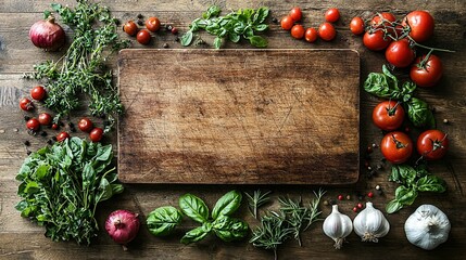 Rustic wooden cutting board surrounded by fresh herbs, tomatoes, garlic, and onions on a wooden background.