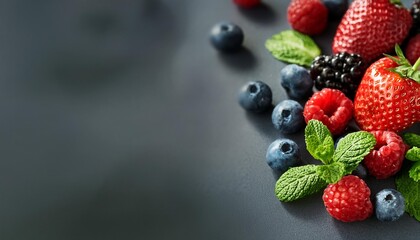 Wall Mural - berries and mint on a dark grey background