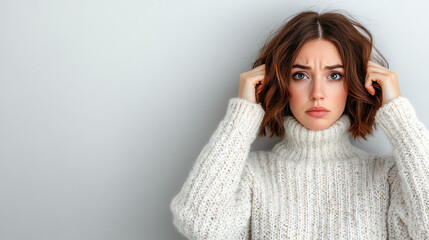 Young woman with curly hair and a knitted sweater expressing confusion and concern against a light background.