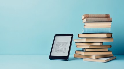 A modern ebook device rests next to a carefully arranged stack of hardcover books, creating a harmonious blend of digital and traditional reading experiences on a soft blue backdrop