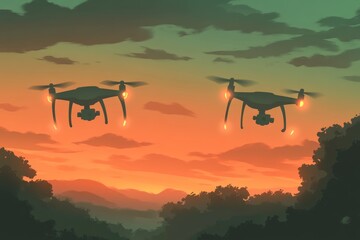 silhouettes of two drones flying against a dramatic sunset highlighting the growing presence of unma