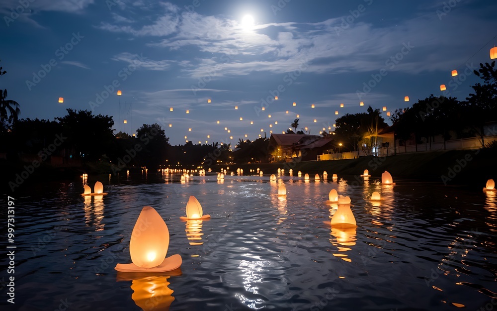 Numerous floating candles illuminate a river at night under a full moon ...