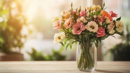 Poster - A beautiful arrangement of mixed flowers in a clear vase showcases color and elegance on a light wood table illuminated by sunlight. Generative AI