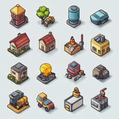 Canvas Print - Set of 16 isometric icons depicting various city buildings and vehicles.