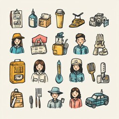 Wall Mural - Set of hand-drawn colored illustrations of everyday objects, tools, and people.